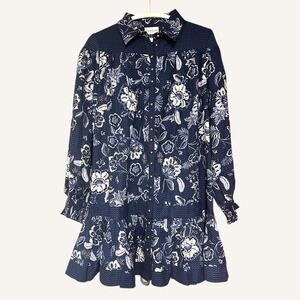 NWT Miss June Paris Blue Floral Paisley Button Front Tiered Ruffle Dress OS